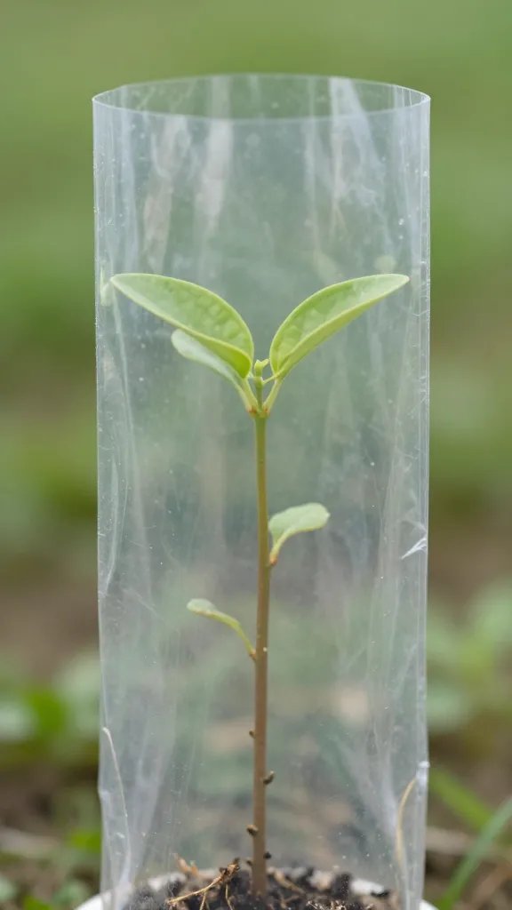 single seedling with windbreak shield of clear plastic