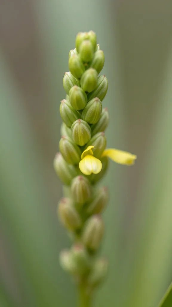 macro Tillandsia flower spike with single tubular bloom