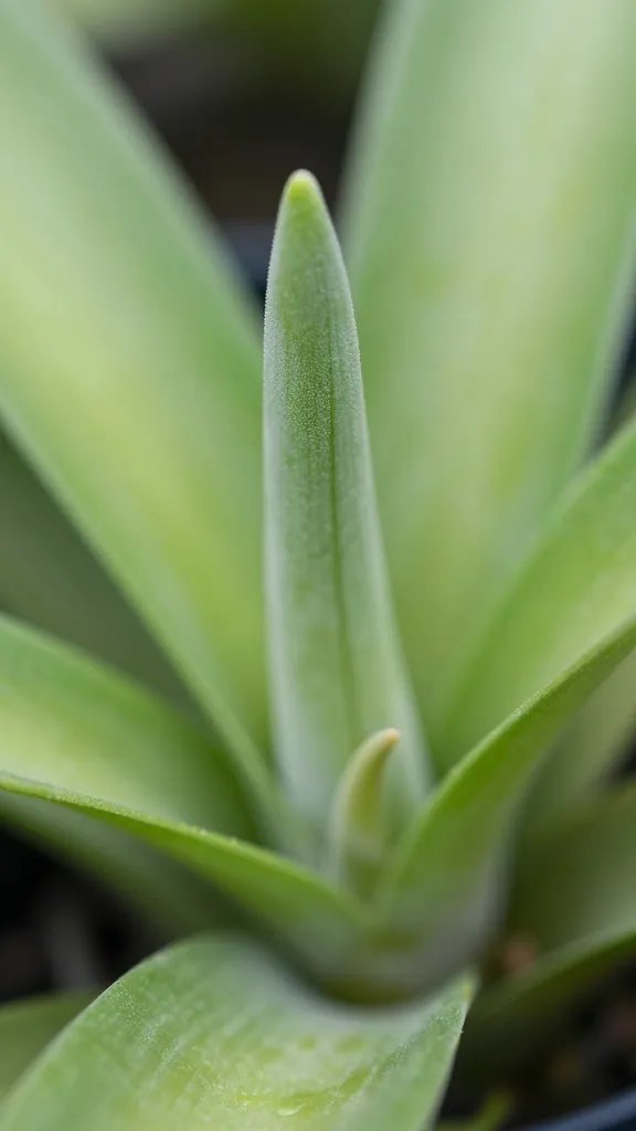 fresh Tillandsia pup emerging at leaf base, macro shot