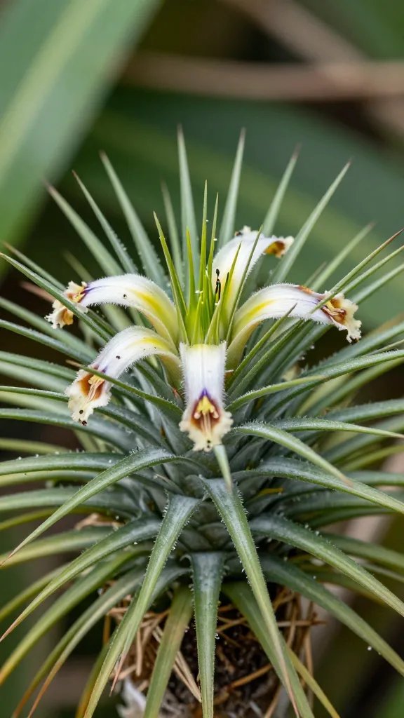 spent Tillandsia flower collapsing on spike, high detail