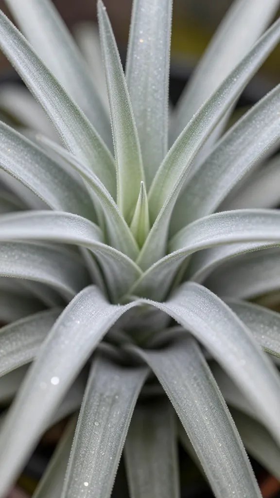 Tillandsia trichomes shimmering on grey-green leaf, macro
