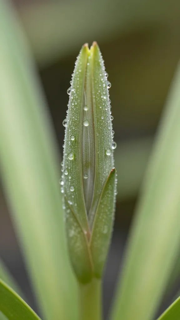dew-misted Tillandsia bloom spike before opening, closeup