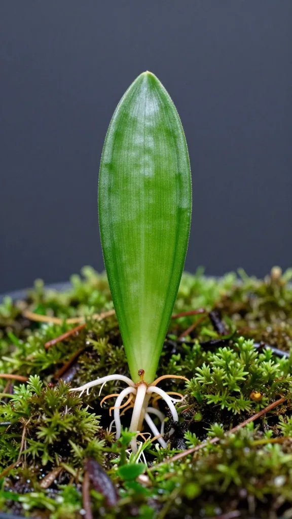 single haworthia leaf with tiny roots in terrarium moss