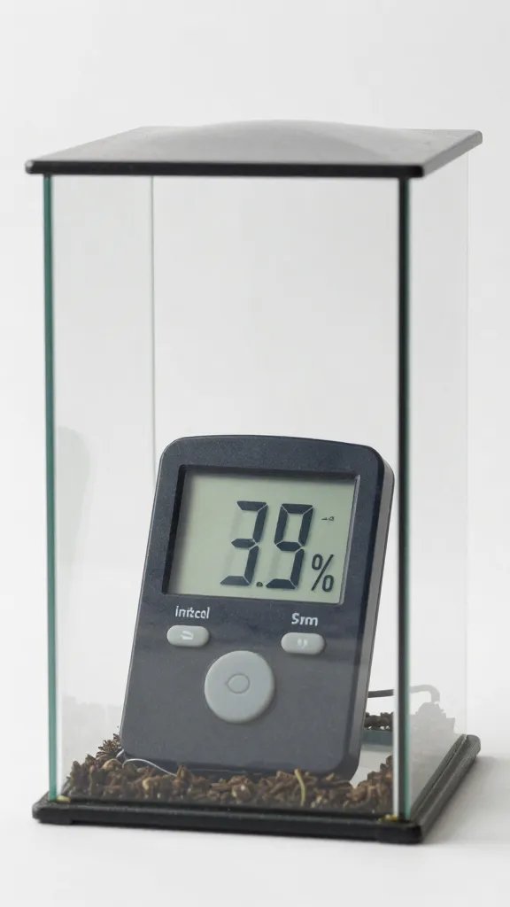 hygrometer reading 65% inside clear glass terrarium