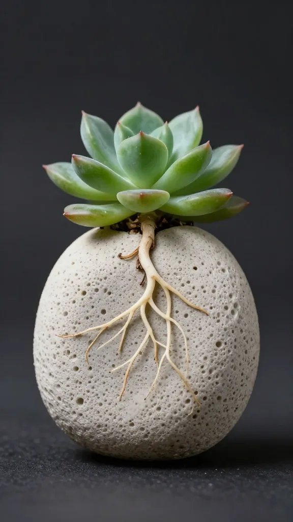 single pumice pebble with emerging succulent root