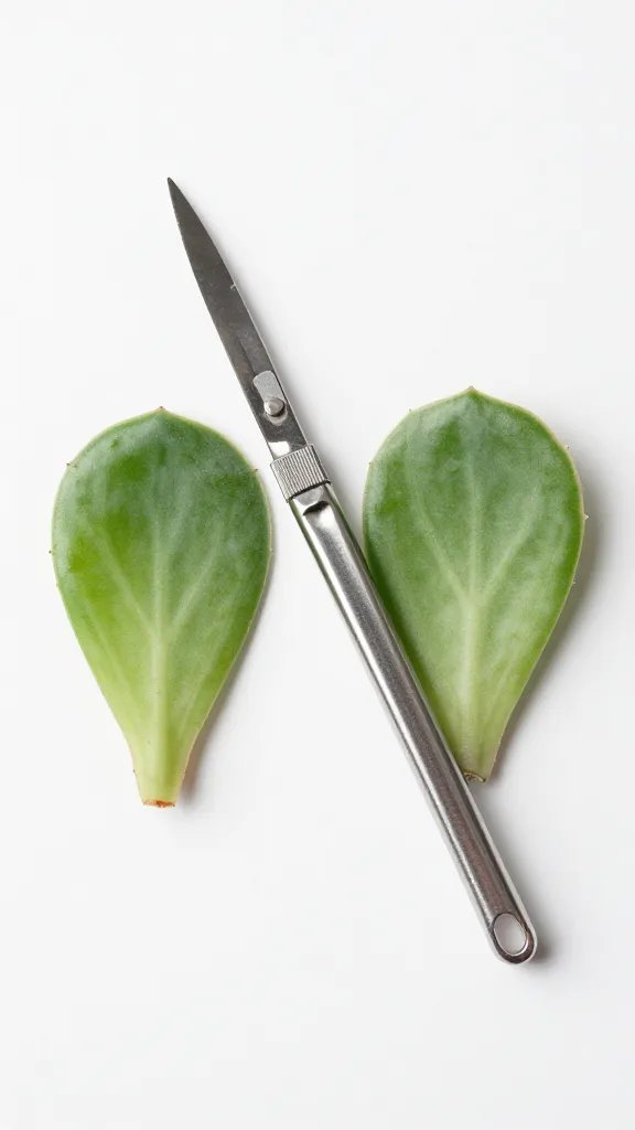 single disinfected pruning blade beside succulent leaf