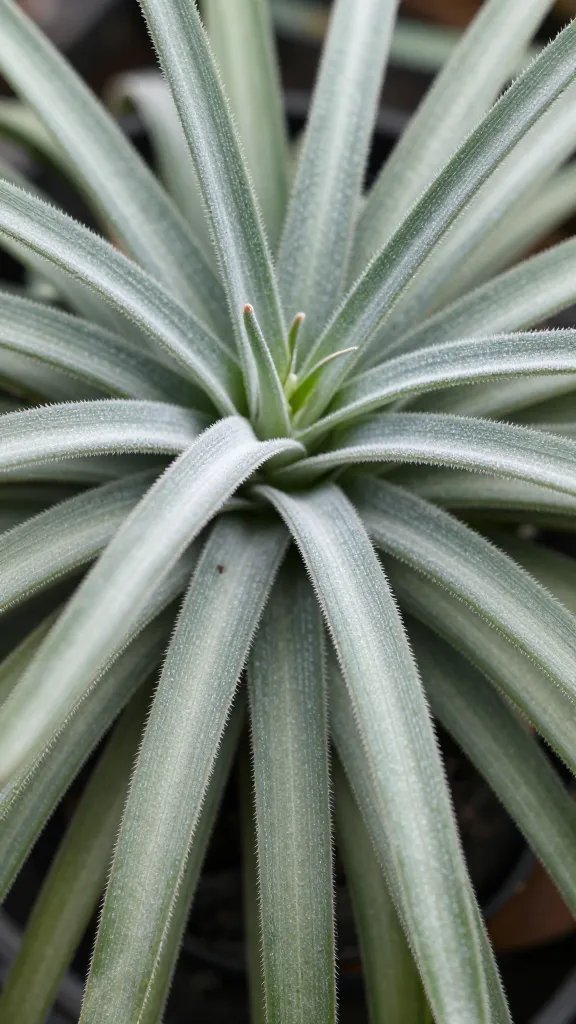 closeup Tillandsia xerographica showing trichome-covered leaves