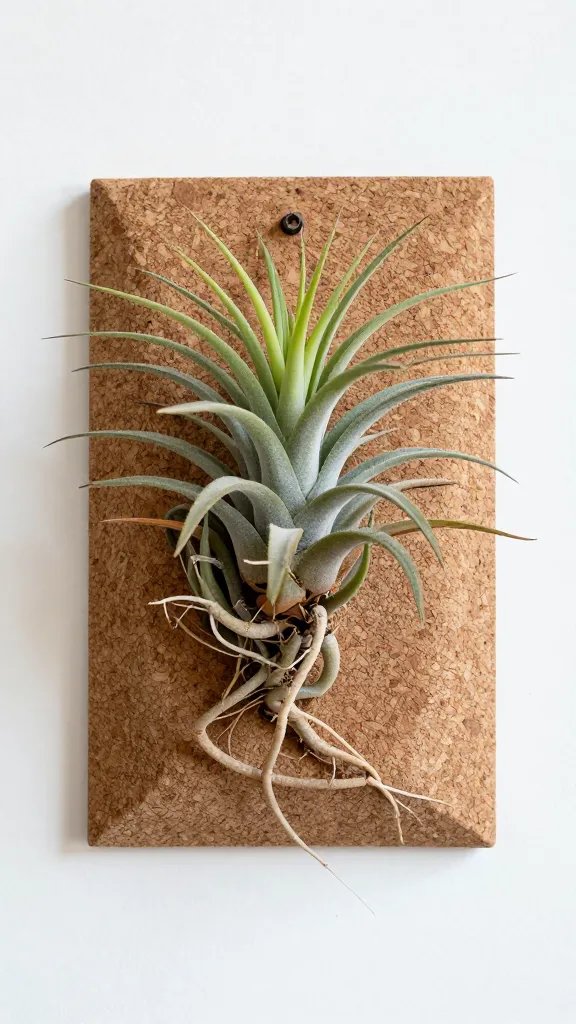 single mounted Tillandsia on cork bark, roots gripping surface