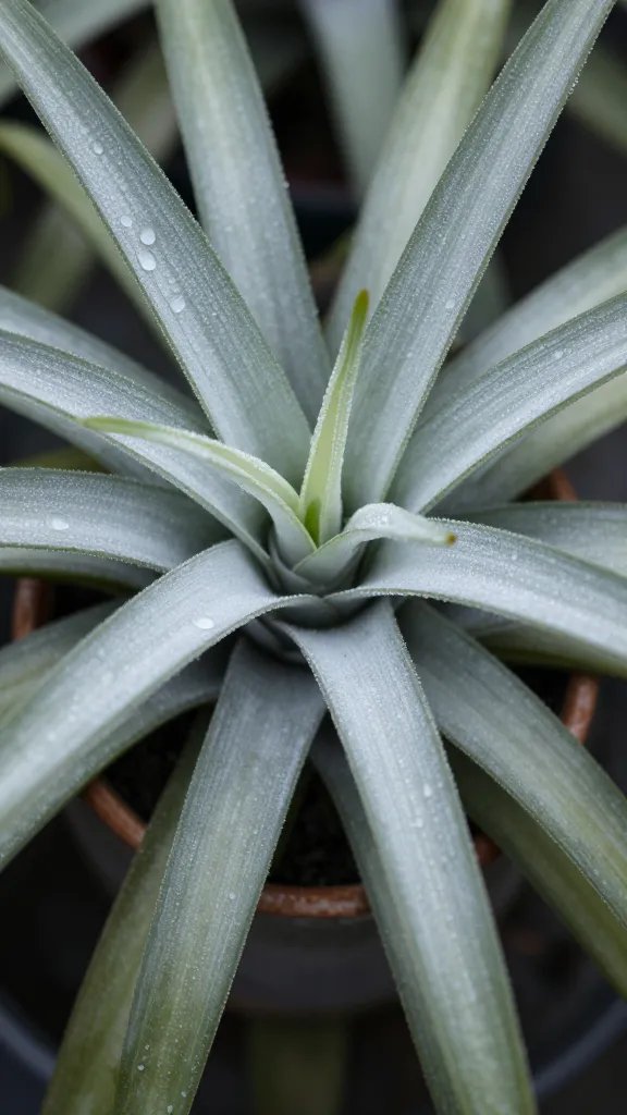 misted Tillandsia ionantha leaves with visible water beads