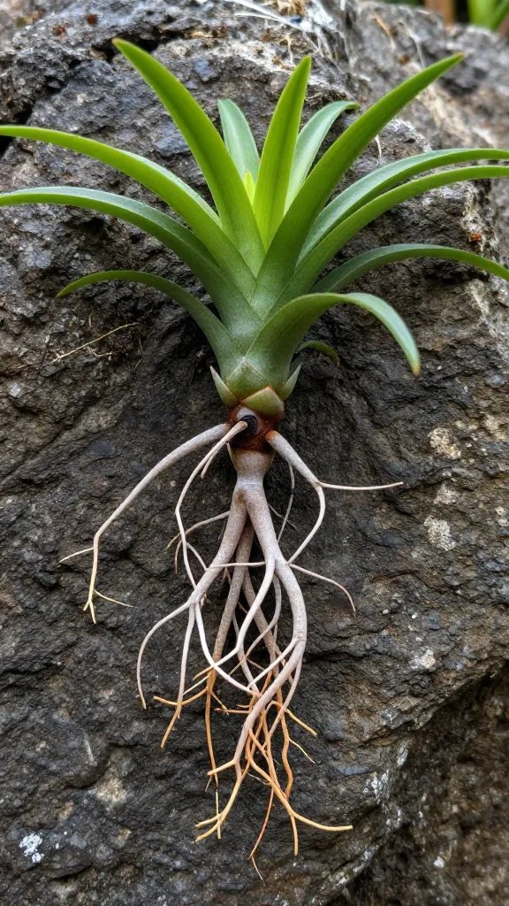 macro of Tillandsia roots anchoring to rough stone