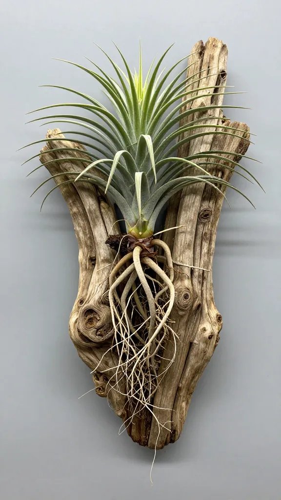 single Tillandsia bulbosa mounted on driftwood, dry roots