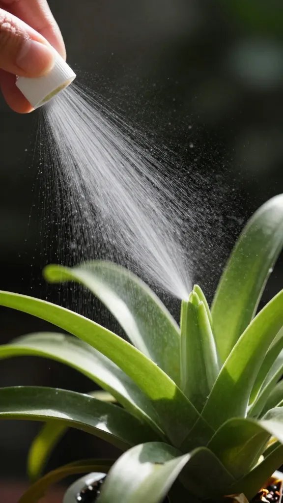 professional closeup hand misting Tillandsia leaves only