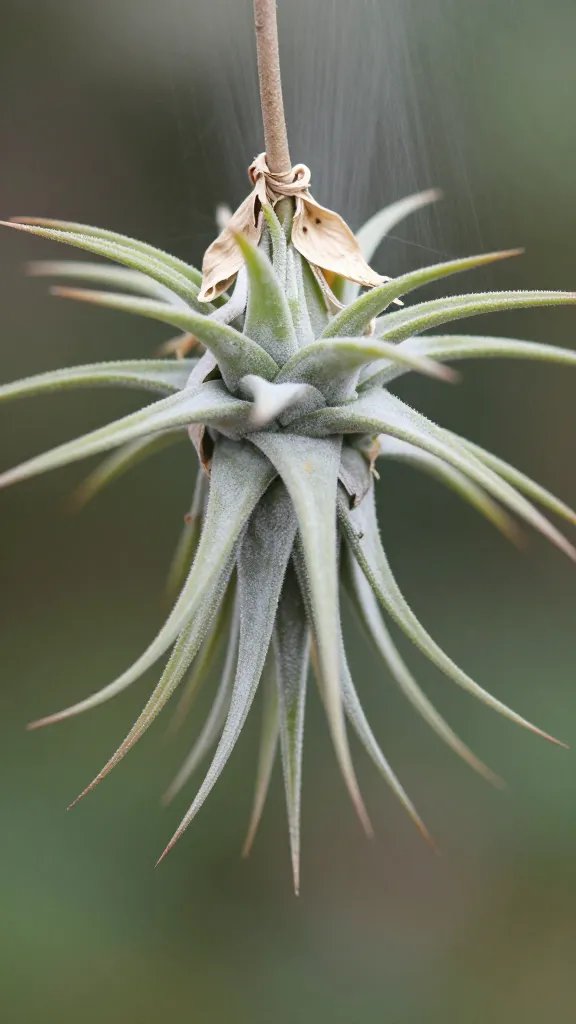 closeup air plant rosette drying upside down after misting