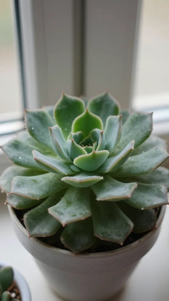 Haworthia rosette closeup on north-facing windowsill, soft shade