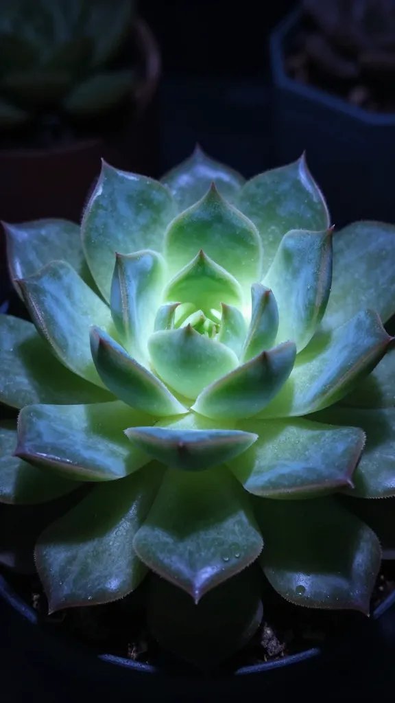 Nighttime Haworthia rosette closeup under cool LED fill