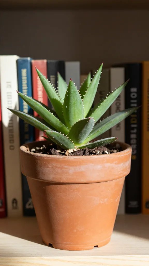 Potted Haworthia closeup on bookshelf, indirect daylight