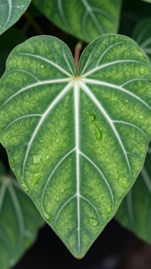 closeup Fittonia leaf with crisp white veins, dewy surface