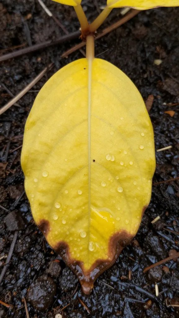 yellowed Fittonia leaf with necrotic edges on moist soil