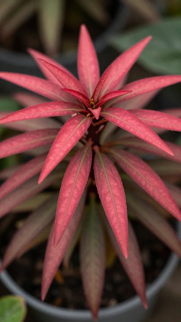 Fittonia crown showing new red-veined growth, sharp focus
