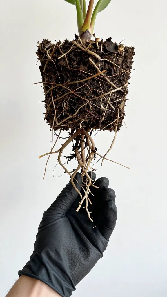 gloved hand lifting Fittonia root ball, dark mushy roots