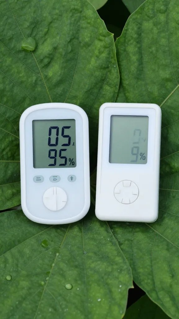 hygrometer reading 95% beside Fittonia leaf, shallow depth