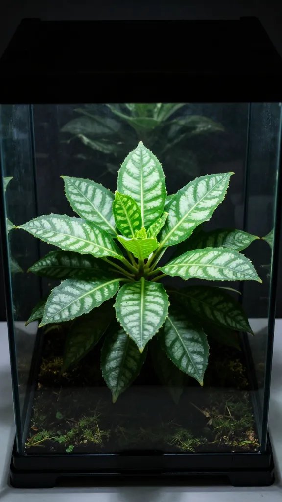ventilated terrarium lid ajar over single Fittonia rosette