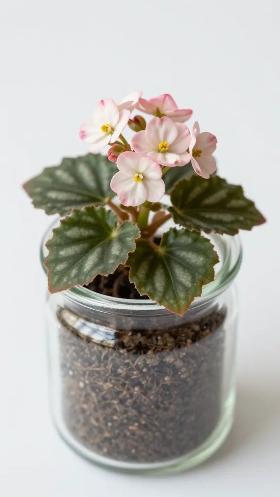 closeup of miniature begonia in sealed glass jar
