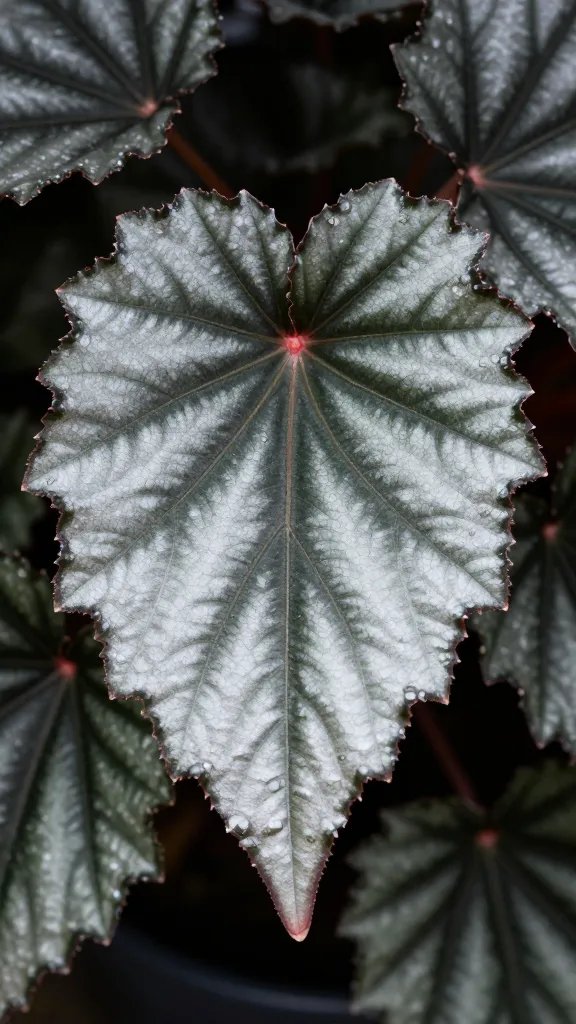 single rex begonia leaf with metallic sheen