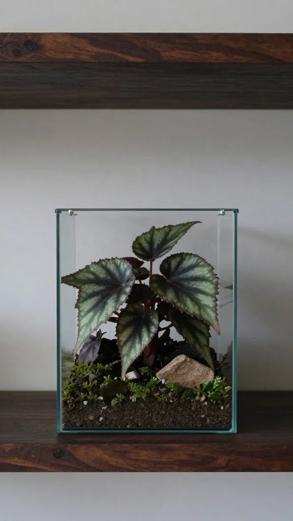 compact begonia terrarium on dark wooden shelf