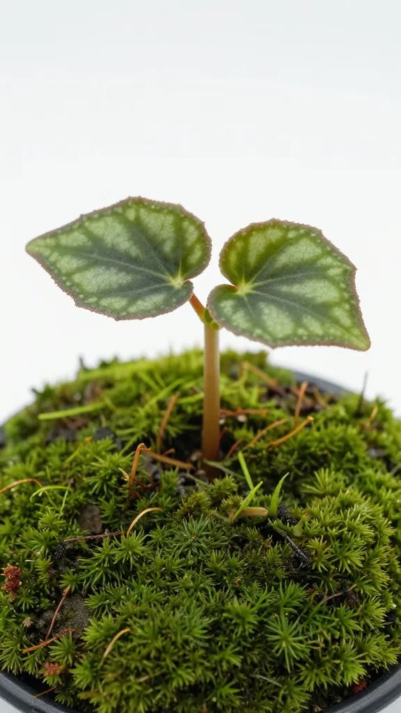 single begonia sprout in sphagnum moss