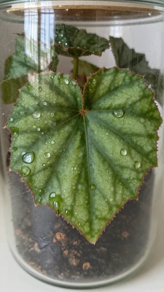 water droplets on begonia leaf inside jar