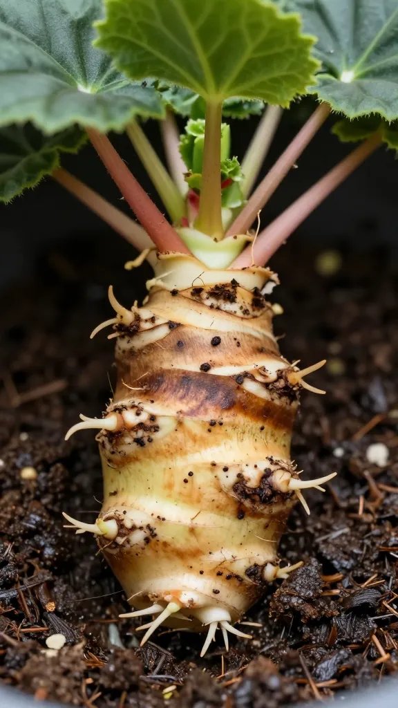 closeup of begonia rhizome on moist substrate