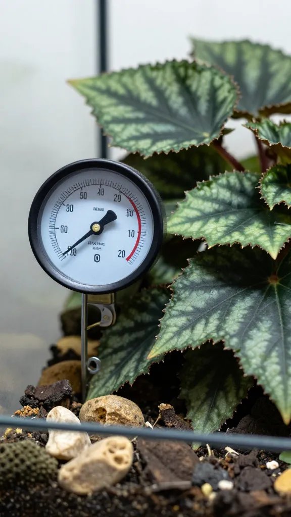 single humidity gauge beside begonia terrarium