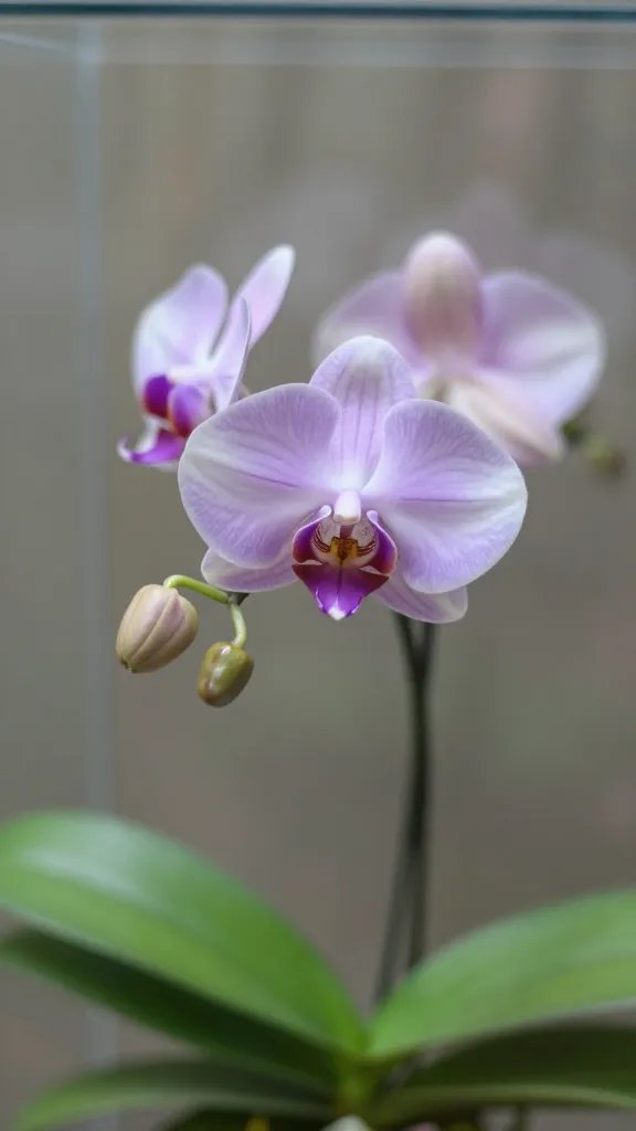 closeup mini Phalaenopsis equestris in glass terrarium
