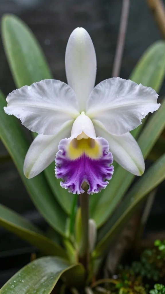 Masdevallia mini flower macro in humid terrarium