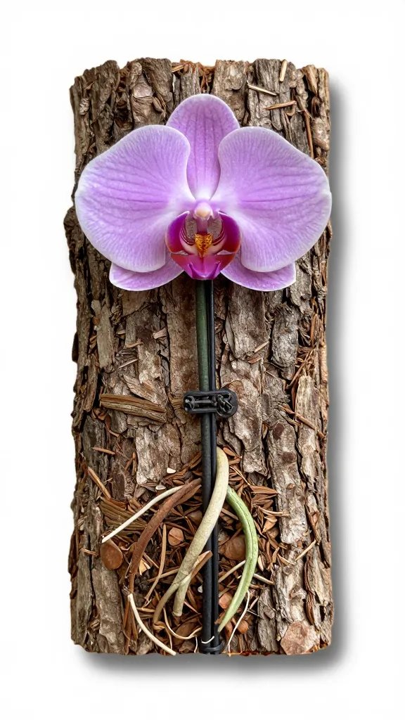 orchid mounted on bark chip, roots exposed