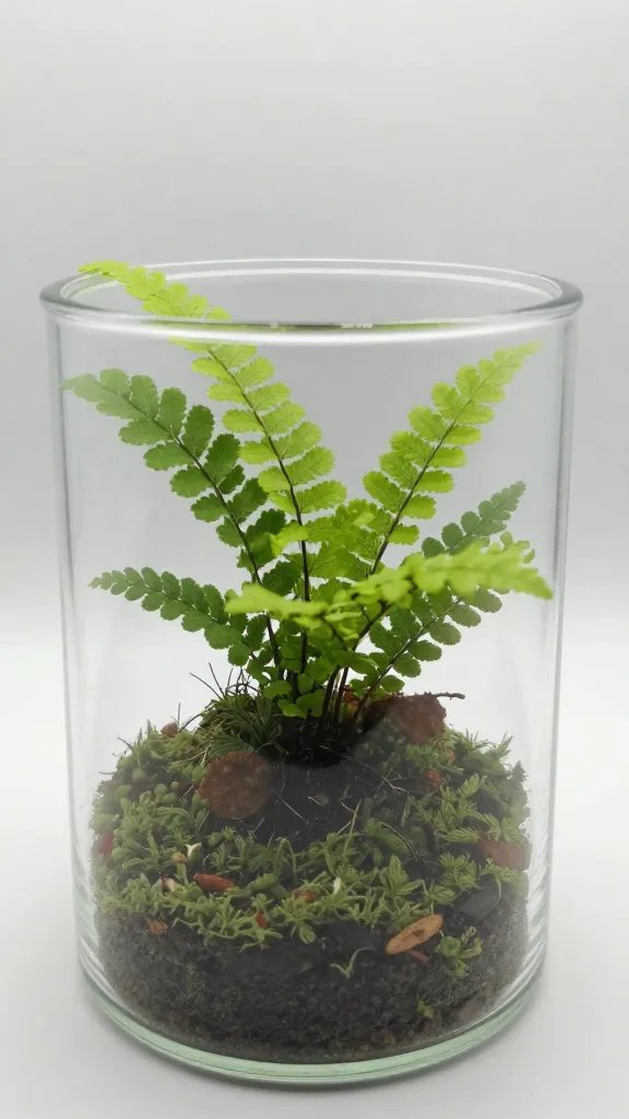 closeup miniature maidenhair fern in sealed glass terrarium