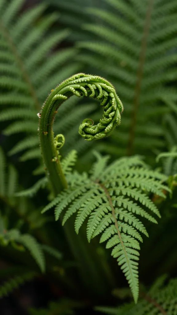 lemon button fern frond unfurling under diffused light