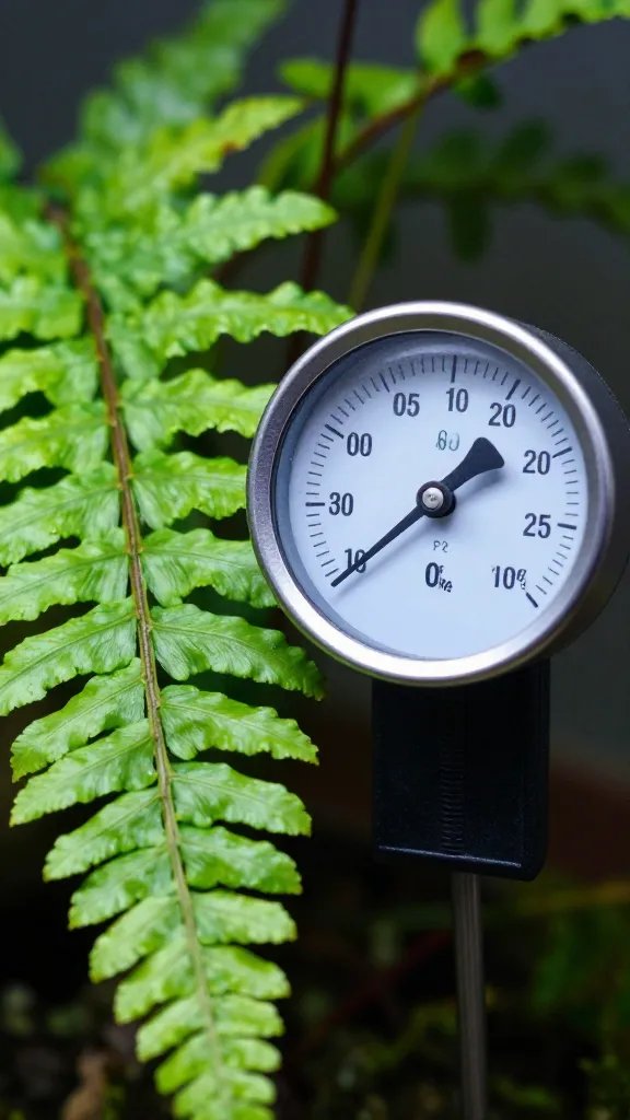 humidity gauge reading 80% beside terrarium fern leaf