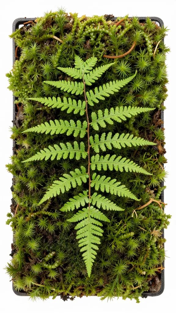 sphagnum moss substrate under delicate fern rhizome