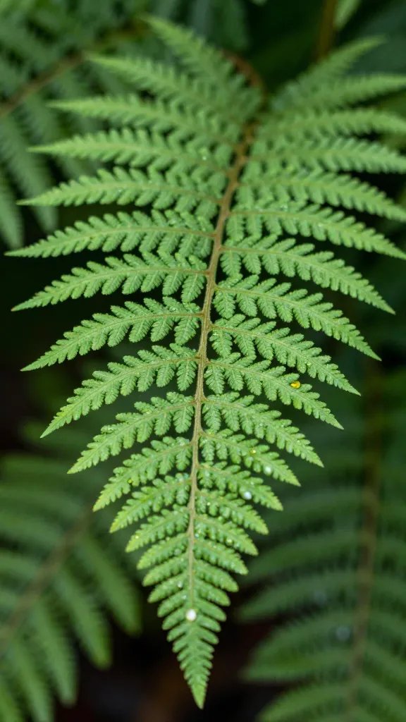 fine-textured fern frond with dew on pinnules