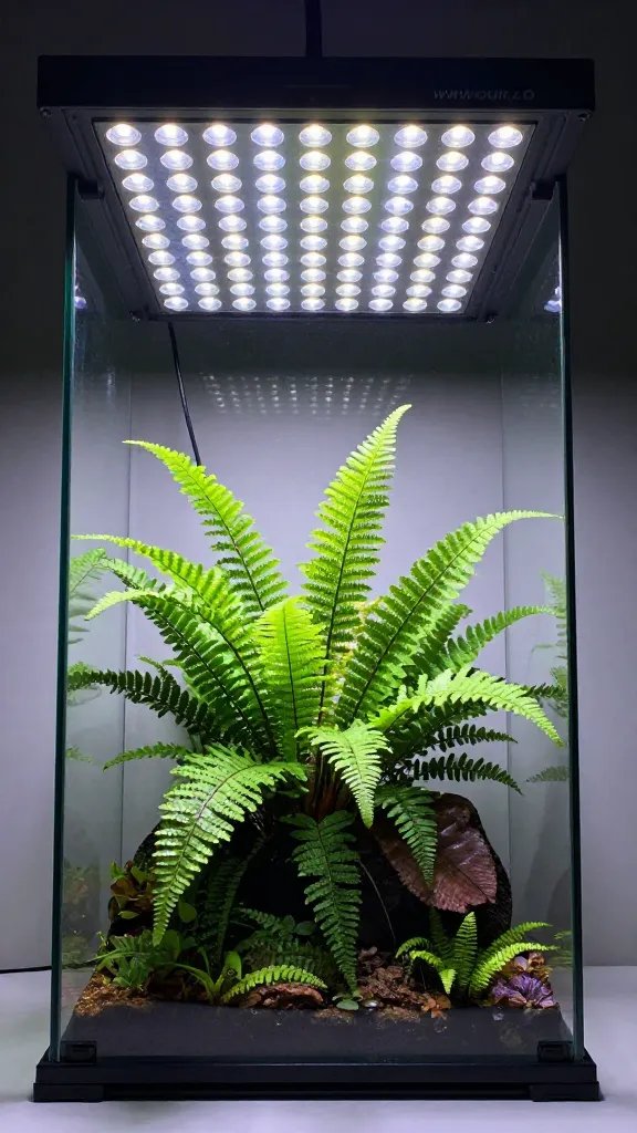 LED grow light panel above compact terrarium fern