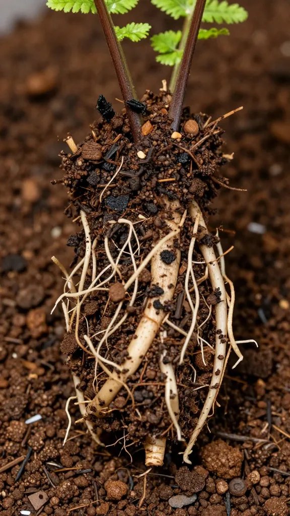closeup fern roots in airy peat-perlite mix