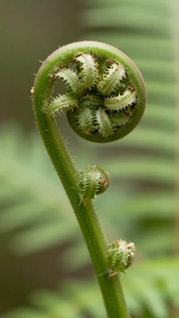 single fern frond tip showing new fiddlehead curl