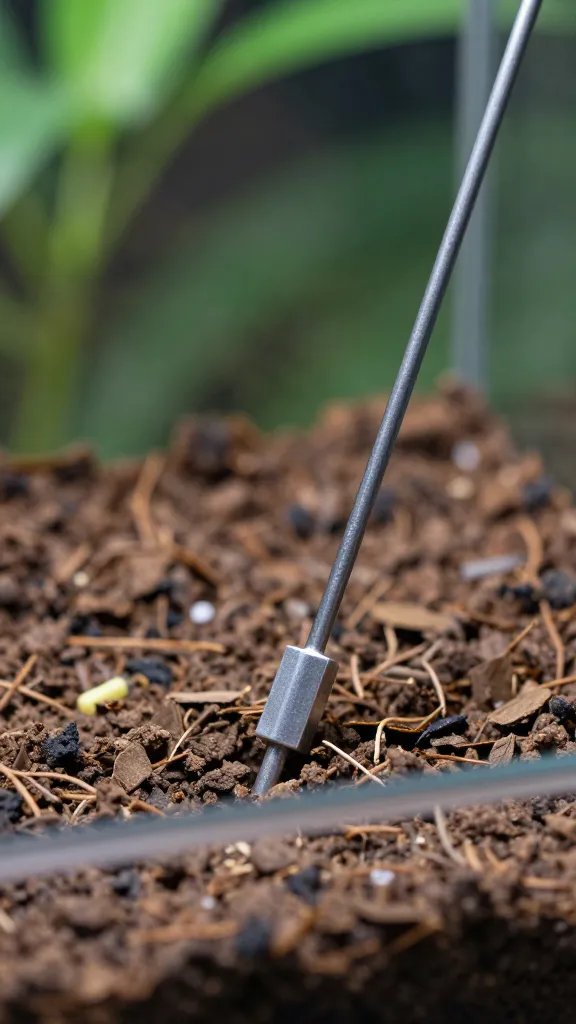 small hygrometer probe inserted in terrarium substrate