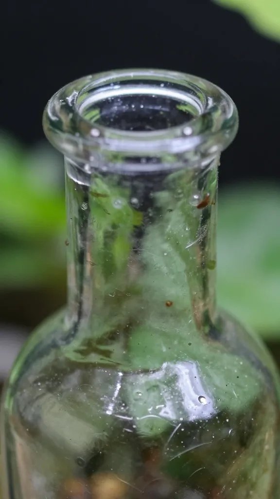 narrow-neck glass bottle terrarium opening, macro closeup
