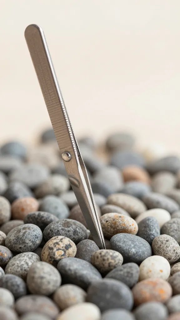 long planting tweezers inserting pebbles through small neck
