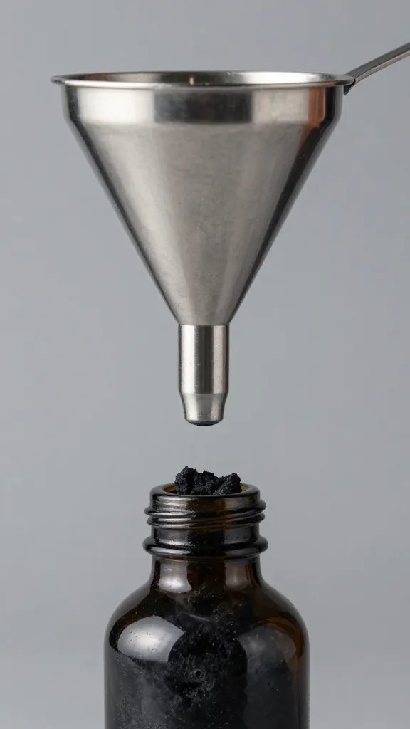stainless funnel delivering charcoal into tiny bottle mouth