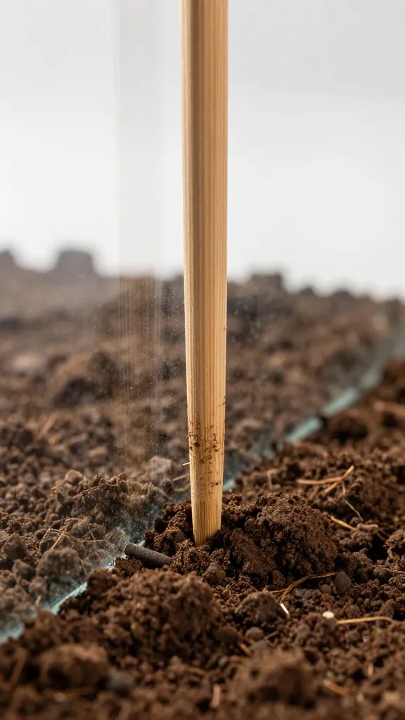 chopstick compacting soil against glass wall, macro detail