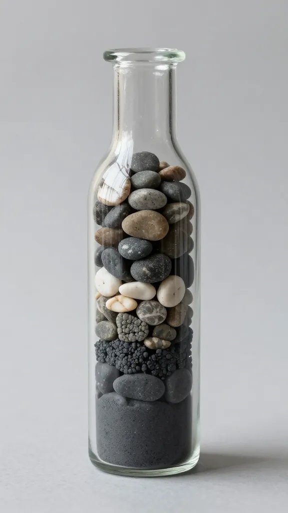 layered pebbles and charcoal base inside narrow bottle